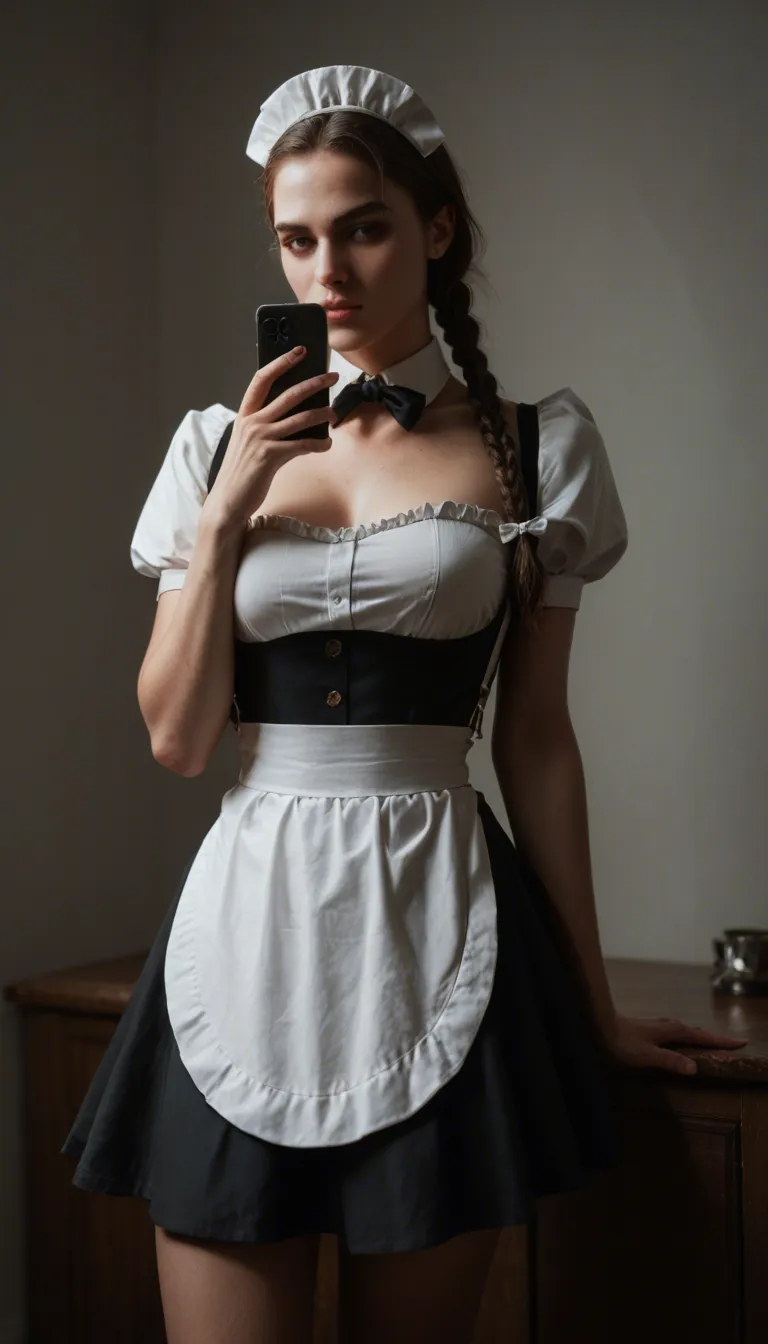 best quality, hyperrealistic, maid, twin braids, skirt, arching back, lifelike render