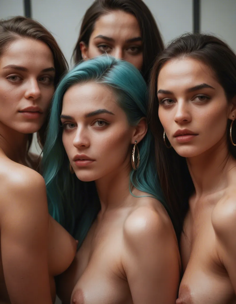 sharp focus, 8k uhd, 5women, aqua hair, earrings, fully nude, photorealistic orgasm, score_9, score_8, candid photo, realistic skin texture, visible skin pores, film grain, depth of field