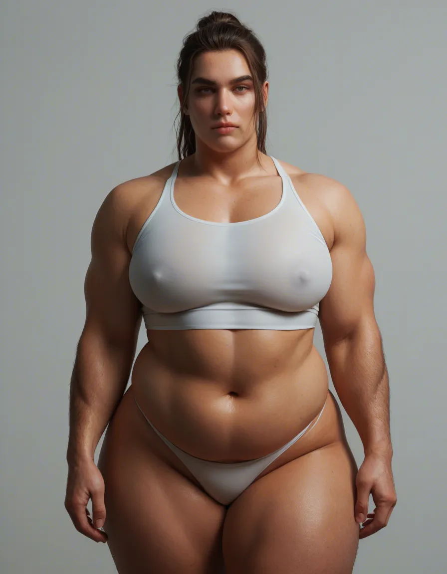 tall, heavyset man with an overweight build. His physique is characterized by a noticeable softness, featuring a prominent belly and distinct gynecomastia, which gives his chest rounded, feminine contours that are clearly visible through his clothes. Fat, has a fat belly, fat jiggle breasts, and a fat plump butt. Small penis. Shoulder-length wavy bob haircut, soft natural waves, subtle layers, voluminous texture, slightly tousled ends, face-framing strands, smooth glossy hair, effortless modern style. Blond hair. Detailed face. Femine black ((transparent)) camisole and panties sleepwear set. Semi realistic style, score_9, score_8, amateur photo, phone snapshot, realistic skin texture, skin blemishes, soft indoor lighting