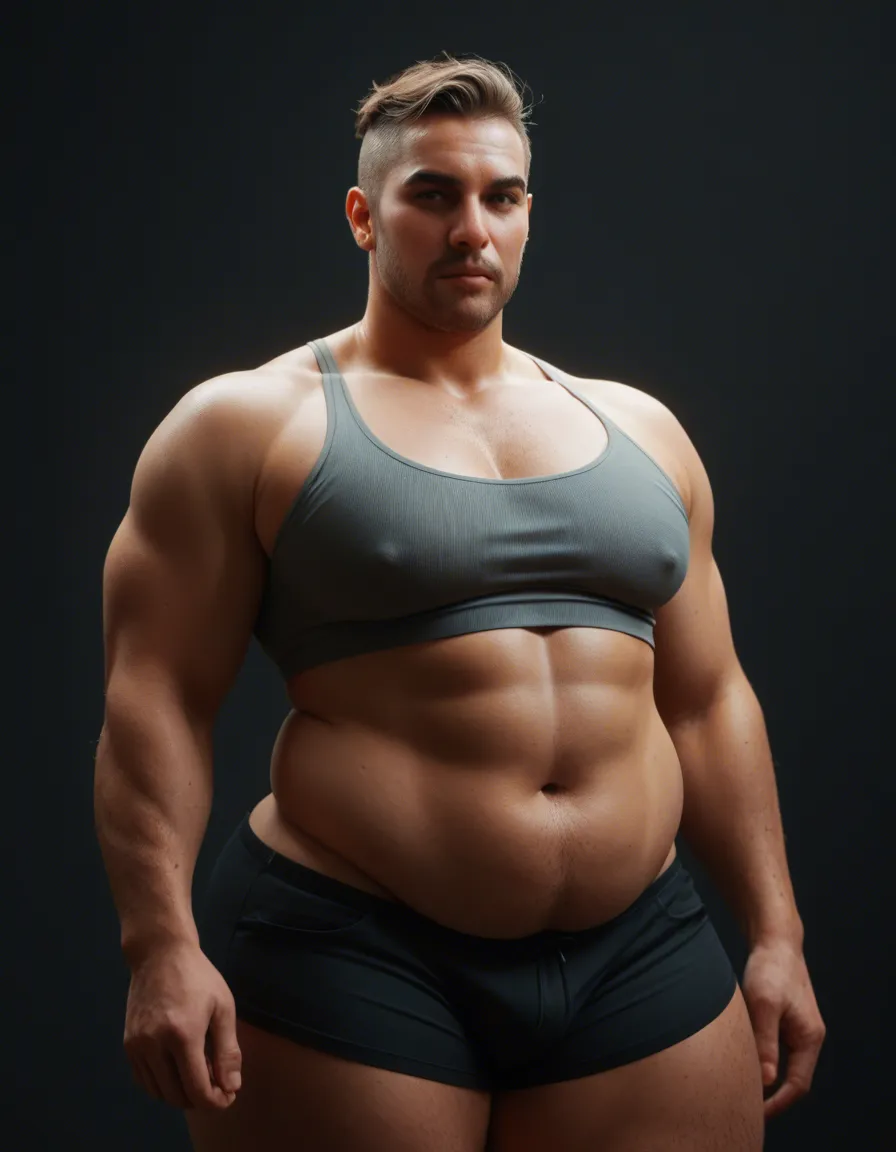 tall, heavyset man with an overweight build. His physique is characterized by a noticeable softness, featuring a prominent belly and distinct gynecomastia, which gives his chest rounded, feminine contours that are clearly visible through his clothes. Fat, has a fat belly, fat jiggle breasts, and a fat plump butt. Small penis. Shoulder-length wavy bob haircut, soft natural waves, subtle layers, voluminous texture, slightly tousled ends, face-framing strands, smooth glossy hair, effortless modern style. Blond hair. Detailed face. Femine black ((transparent)) camisole and panties sleepwear set. Semi realistic style, score_9, score_8, amateur photo, phone snapshot, realistic skin texture, skin blemishes, soft indoor lighting, score_9, score_8, amateur photo, phone snapshot, realistic skin texture, skin blemishes, soft indoor lighting