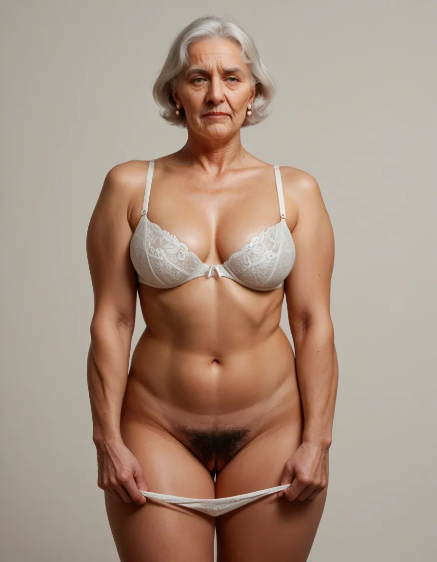 75 year old bbw grandma with short hair, standing wearing an old lady style full cup white bra holding her large natural tits and pulling down her white nylon full brief style panty revealing her all natural hairy pussy., score_9, score_8, candid photo, realistic skin texture, visible skin pores, film grain, depth of field, score_9, score_8, amateur photo, phone snapshot, realistic skin texture, skin blemishes, soft indoor lighting