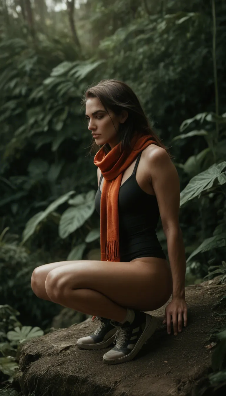 dslr, film grain, photorealistic, solo female, scarf, shoes, cowgirl position, plant, side view, RAW photo