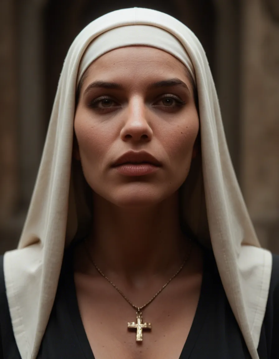 Tranny nun, score_9, score_8, candid photo, realistic skin texture, visible skin pores, film grain, depth of field