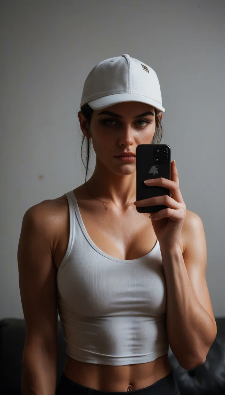 professional photo, high detail, fitness model, hat, teasing, RAW photo