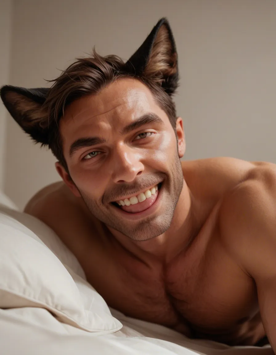 8k, sharp focus, detailed skin, male focus, ahegao, animal ears, bed, teasing grin, hyperrealistic, score_9, score_8, candid photo, realistic skin texture, visible skin pores, film grain, depth of field