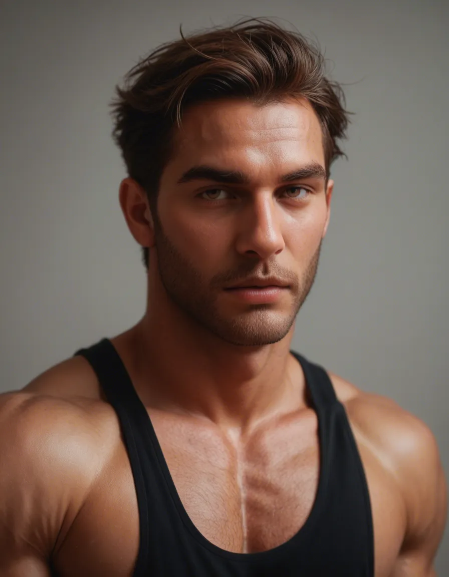 a muscular gay man, score_9, score_8, candid photo, realistic skin texture, visible skin pores, film grain, depth of field