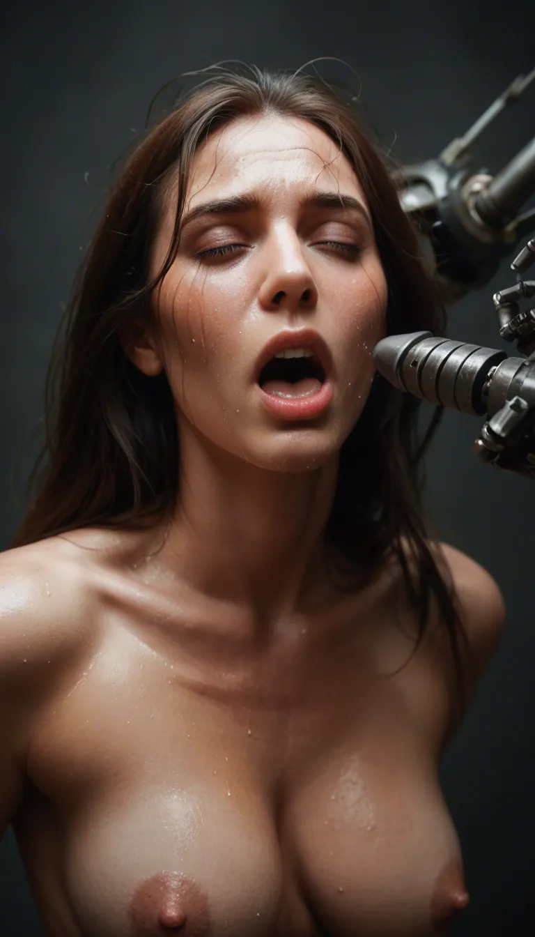Anime bunny woman, cuming intesivly, getting fucked by machine, in pain, moaning, breasts out, sweating