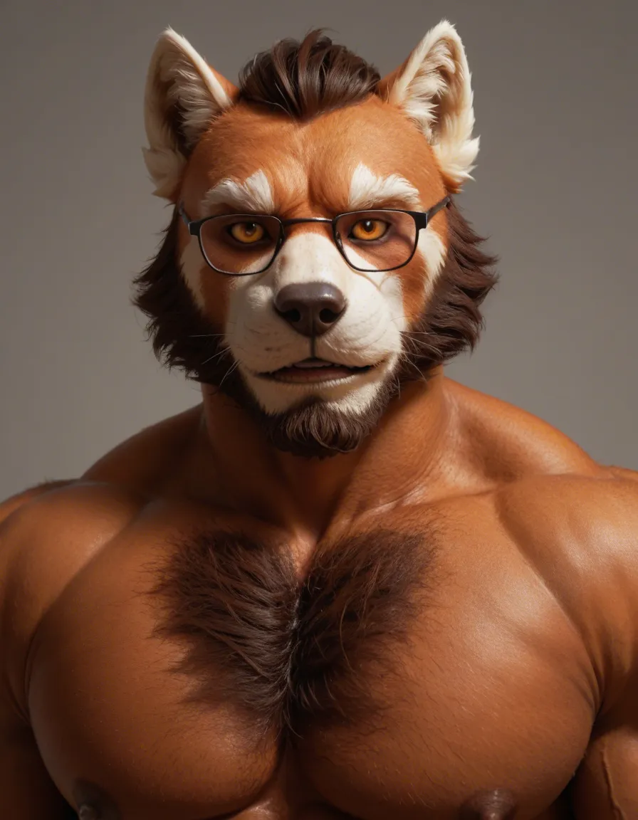 A highly muscular anthropomorphic red panda (furry) male. He has rich reddish-brown fur, a lighter cream-colored muzzle and chest, sharp amber eyes behind black-rimmed glasses, and a short, well-groomed beard. His body is extremely buff — massive shoulders, thick arms, deep pecs, and a chiseled eight-pack. He’s kneeling on a white bed, wearing an unbuttoned sheer white dress shirt that clings wetly to his body, and tight white briefs that are clearly straining. His expression is confident and slightly smug. Detailed furry art, the same muscular anthropomorphic red panda male from the reference, reddish-brown fur, glasses, short beard, kneeling on a white bed. His sheer white shirt is fully open and soaked, clinging to his huge wet pecs and abs. His white briefs are pulled down under his heavy balls, thick erect cock fully out. He is intensely masturbating, one strong paw wrapped tightly around his large, veiny, throbbing cock, stroking it hard. Pre-cum dripping from the tip, fur wet with sweat and oil, abs flexed, expression of focused pleasure, high detail, sharp focus, realistic fur texture, 8K, score_9, score_8, candid photo, realistic skin texture, visible skin pores, film grain, depth of field
