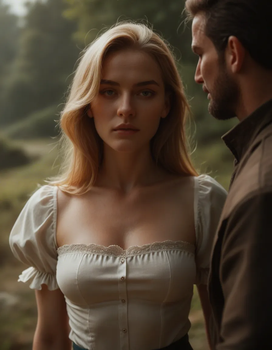 ultra HD, lifelike, 2boys, petite adult woman, puffy sleeves, presenting, depth of field, dutch angle, cinematic realism, score_9, score_8, candid photo, realistic skin texture, visible skin pores, film grain, depth of field