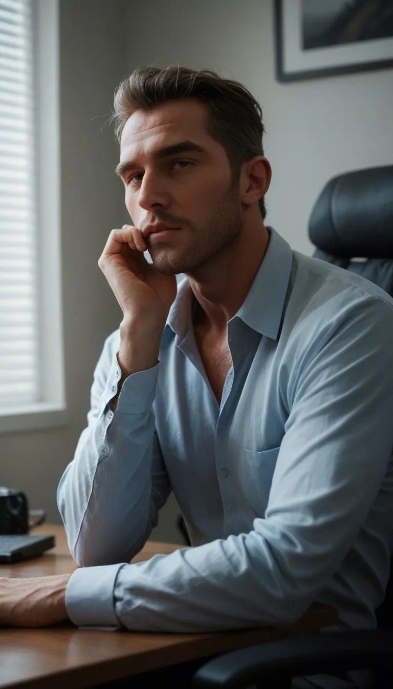 A man sucking his own dick on a office chair with his legs on the back of the head rest