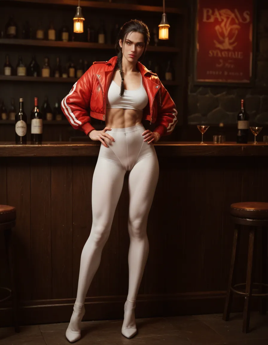 1woman,woman, braided black hair, slim and beautiful in bar, standing and looking_at_viewer, hands on waist. Wearing short flared red jacket, opaque white tights, cameltoe, no panties, full_body ,score_9, score_8, candid photo,, score_9, score_8, candid photo, realistic skin texture,, score_9, score_8, 3d render, octane render, subsurface scattering, ray tracing, smooth shading, score_9, score_8, candid photo, realistic skin texture, visible skin pores, film grain, depth of field, score_9, score_8, candid photo, realistic skin texture, visible skin pores, film grain, depth of field, score_9, score_8, candid photo, realistic skin texture, visible skin pores, film grain, depth of field, score_9, score_8, candid photo, realistic skin texture, visible skin pores, film grain, depth of field, score_9, score_8, candid photo, realistic skin texture, visible skin pores, film grain, depth of field, score_9, score_8, candid photo, realistic skin texture, visible skin pores, film grain, depth of field