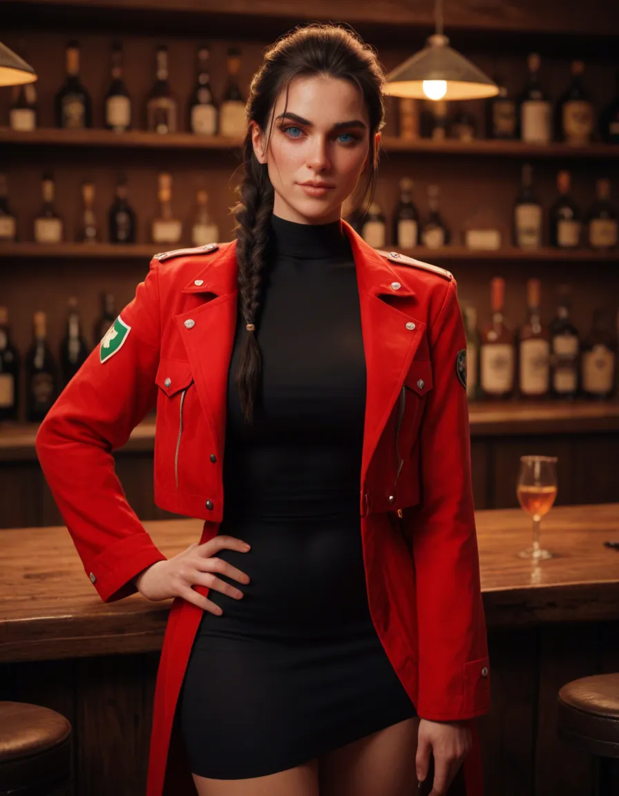 1futa, irish futa , futanari , braided black hair, blue eyes, heart shaped face, beautiful, in bar, standing and looking_at_viewer, cute, one hand on hip. Wearing short flared military style red jacket, open and flared,  and white opaque tights. Six inch erect penis. Penis erectscore_9, score_8, 3d render, octane render, subsurface scattering, ray tracing, smooth shading, score_9, score_8, 3d render, octane render, subsurface scattering, ray tracing, smooth shading