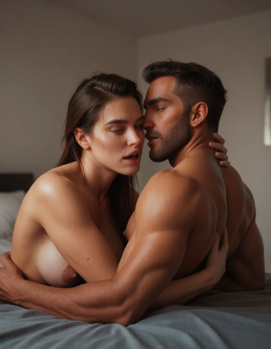 Make two hot muscular men hugging a hot girl in bedroom and make Thier expression in pleasure, score_9, score_8, candid photo, realistic skin texture, visible skin pores, film grain, depth of field