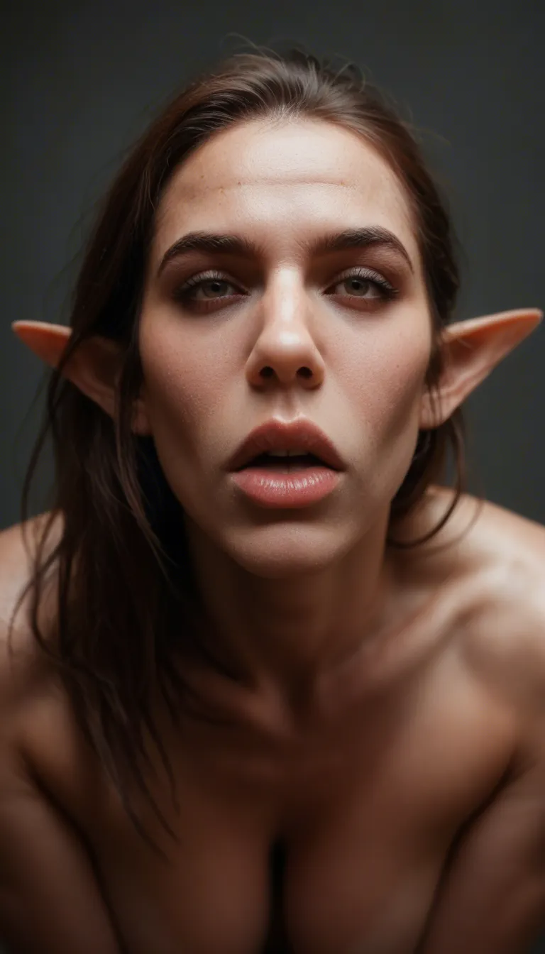 RAW photo, ultra realistic, solo focus, oral, pointy ears, 8k uhd photo