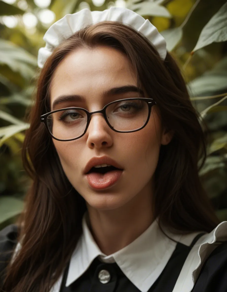 best quality, hyperrealistic, portrait, maid, ahegao, glasses, leaf, 8k uhd photo, score_9, score_8, candid photo, realistic skin texture, visible skin pores, film grain, depth of field