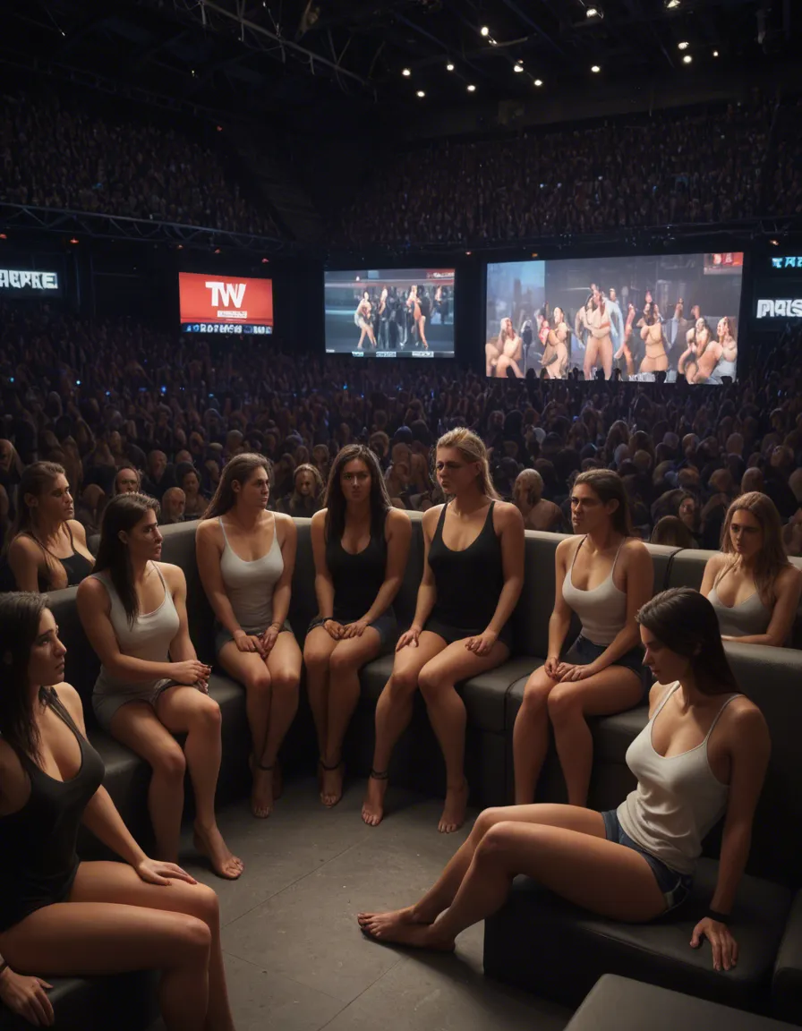 5girls , sitting , BDSM, bondage , sitting, arms_at_sides , bound_wrists , 30yo, curvy, wrists tied to armrests, part of a TV audience, casual clothing ,tiered seats with armrests, crowd, score_9, score_8, candid photo, realistic skin texture, visible skin pores, film grain, depth of field