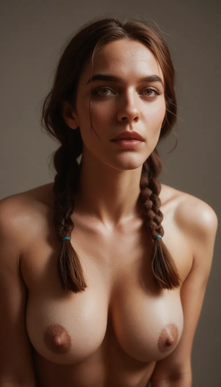 sharp focus, 8k uhd, princess, twin braids, naked, brown hair, large tits, fucked hard