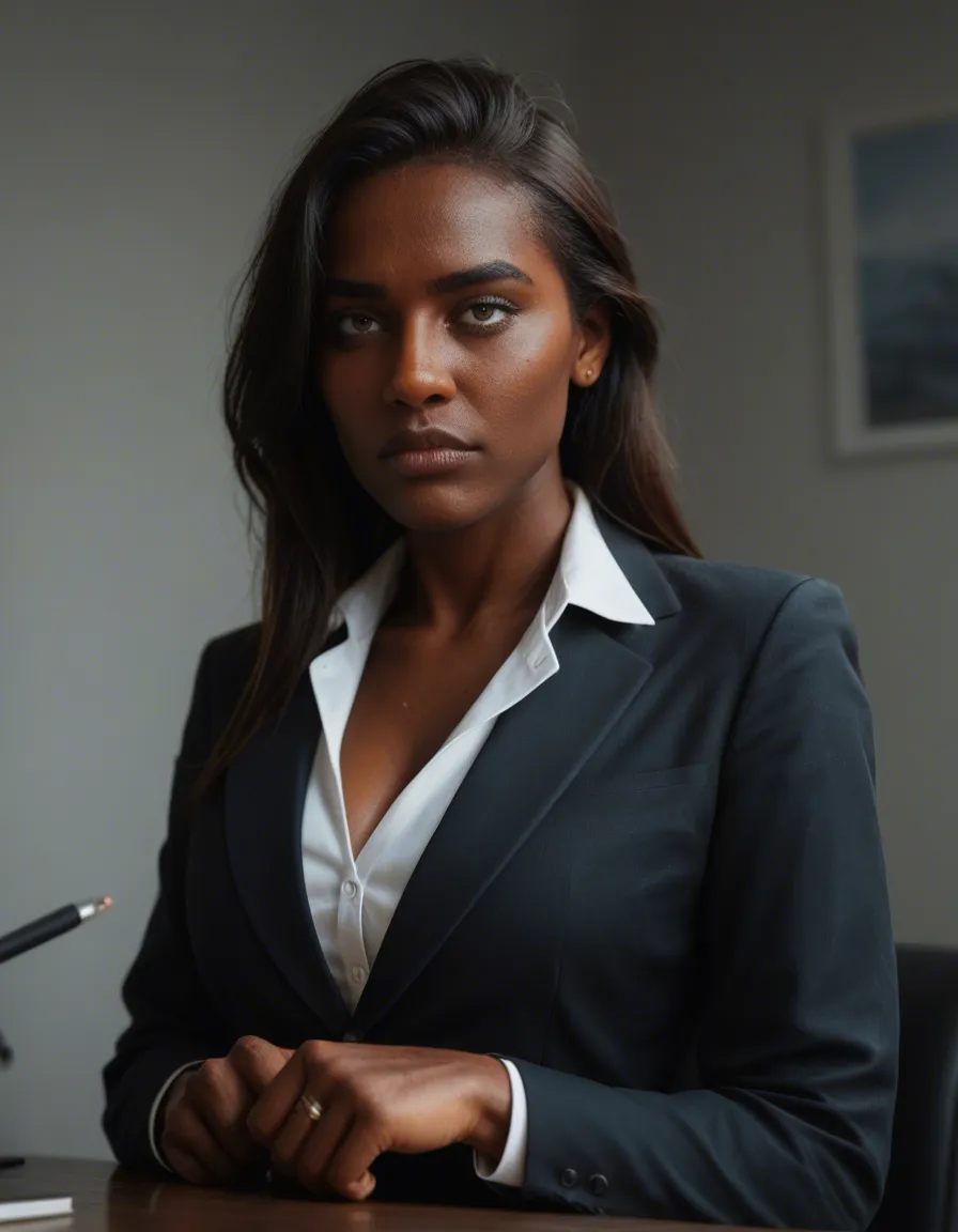 professional photo, high detail, office lady, presenting, dark skin, water, nervous blush, cinematic realism, score_9, score_8, candid photo, realistic skin texture, visible skin pores, film grain, depth of field