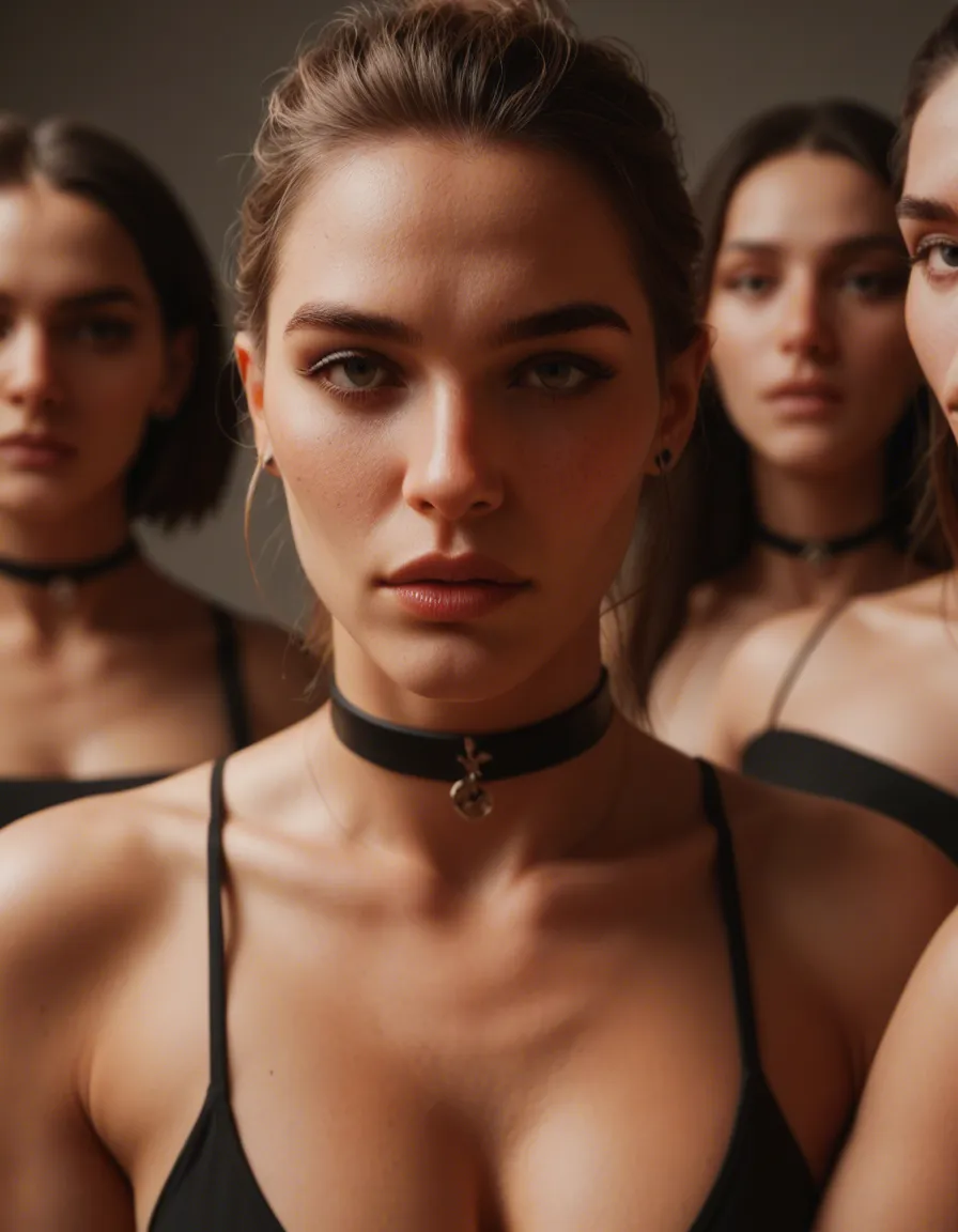 ultra HD, lifelike, 6+girls, choker, futanari, studio lighting, lifelike render, score_9, score_8, candid photo, realistic skin texture, visible skin pores, film grain, depth of field