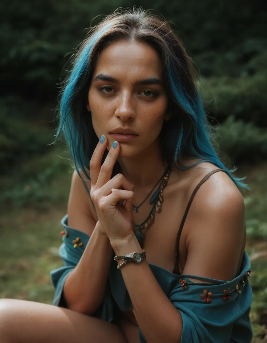hippie with blue streaks in hair masturbating, score_9, score_8, candid photo, realistic skin texture, visible skin pores, film grain, depth of field