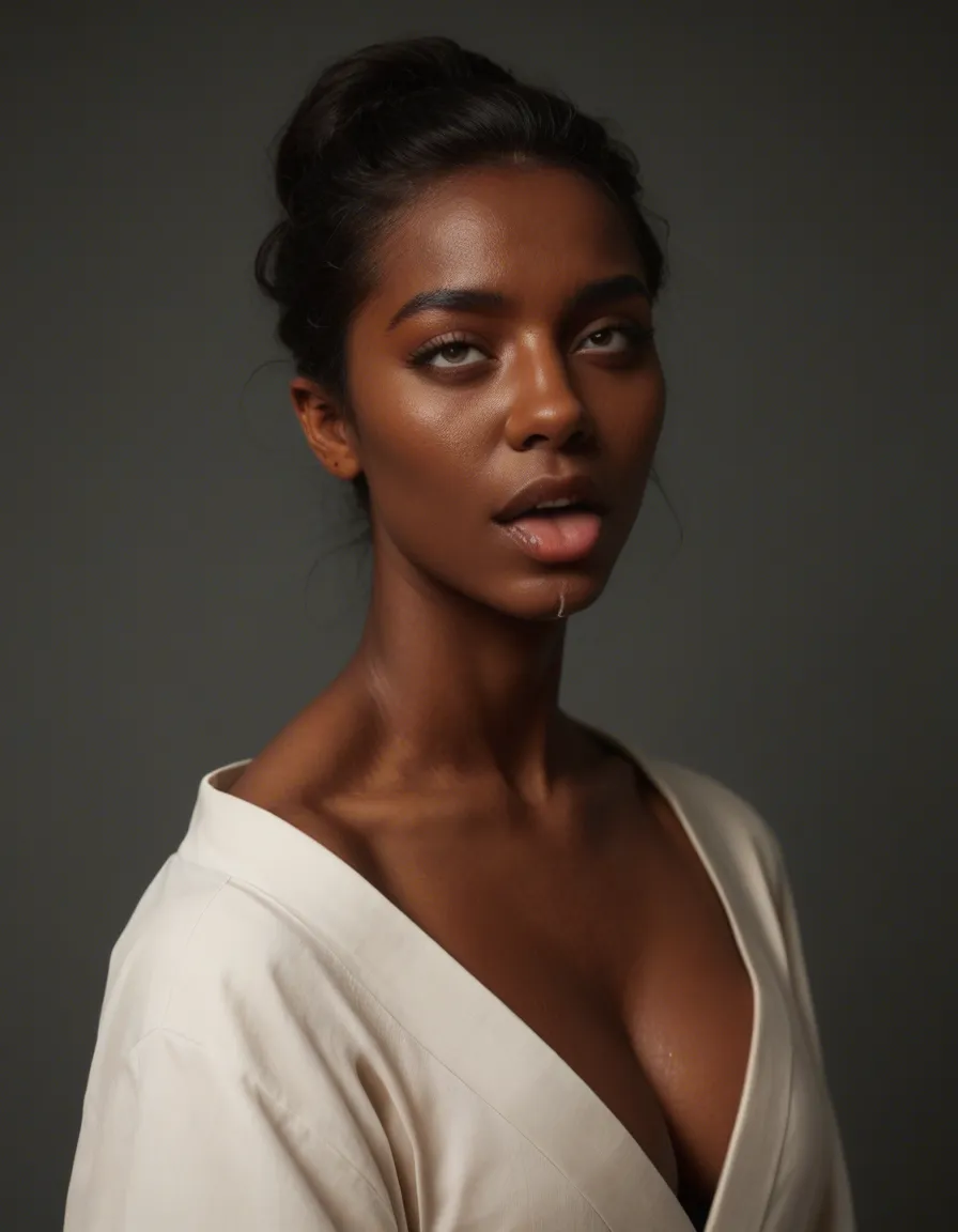 best quality, hyperrealistic, princess, dark skin, japanese clothes, ahegao, studio photo, score_9, score_8, candid photo, realistic skin texture, visible skin pores, film grain, depth of field