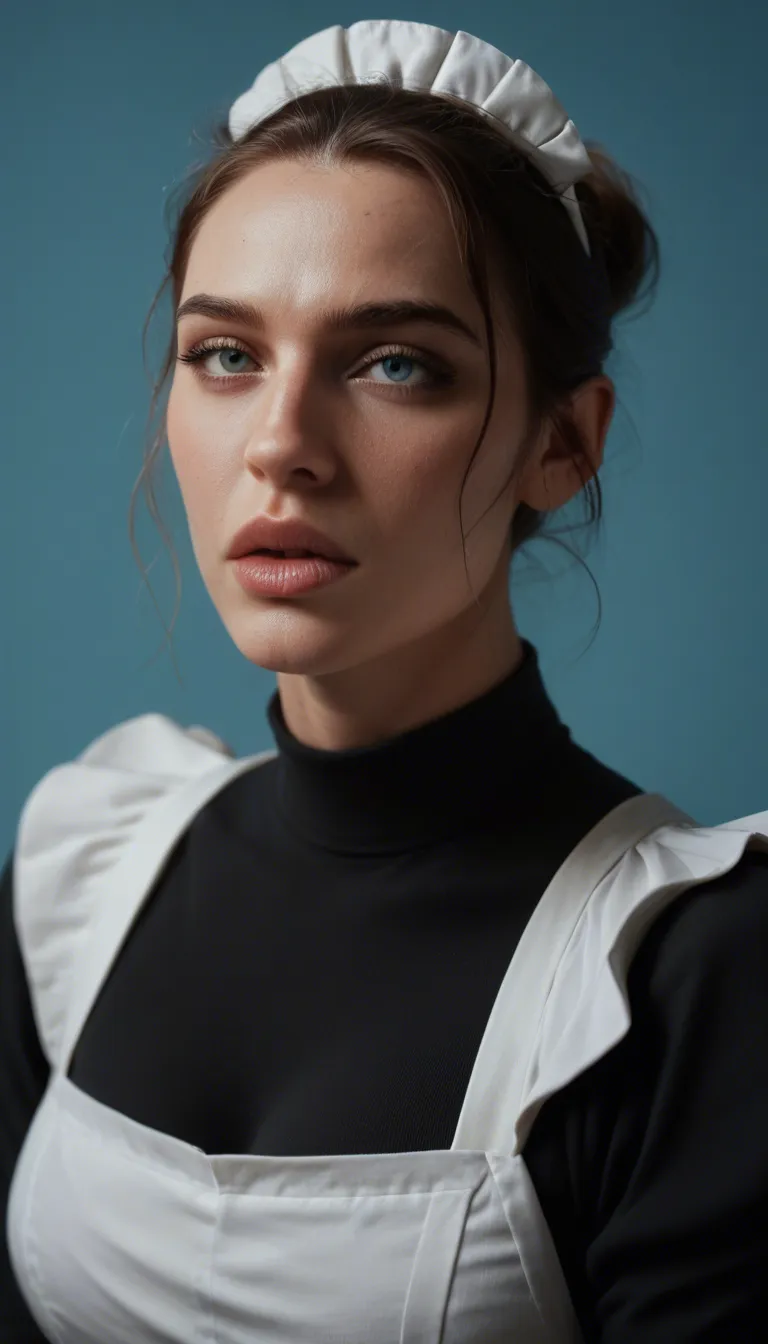sharp focus, 8k uhd, maid, orgasm, lips, blue background, smoldering look, dslr quality