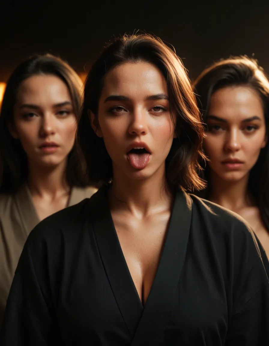 sharp focus, 8k uhd, 4women, japanese clothes, ahegao, soft lighting, hyperrealistic, score_9, score_8, candid photo, realistic skin texture, visible skin pores, film grain, depth of field