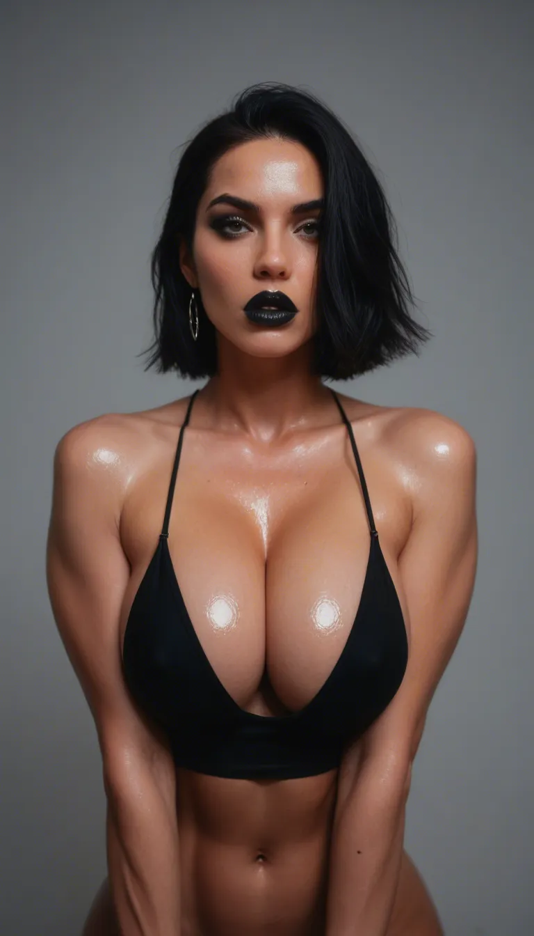 High quality detail of skin, shiny skin, Goth bimbo mommy, short black hair covering one eye, huge filled bimbo lips, black lipstick, black nails, huge breast, huge areola, erect puffy nipples, lactating milk flowing down from nipples, small waist, skinny stomach, huge ass, thick thighs, thigh gap, black toeless thigh highs, feet shown, small black panties riding up pussy, plump pussy, ( position: arms reaching out for hug), ( background: red Celebes bed with dark royal purple pillows