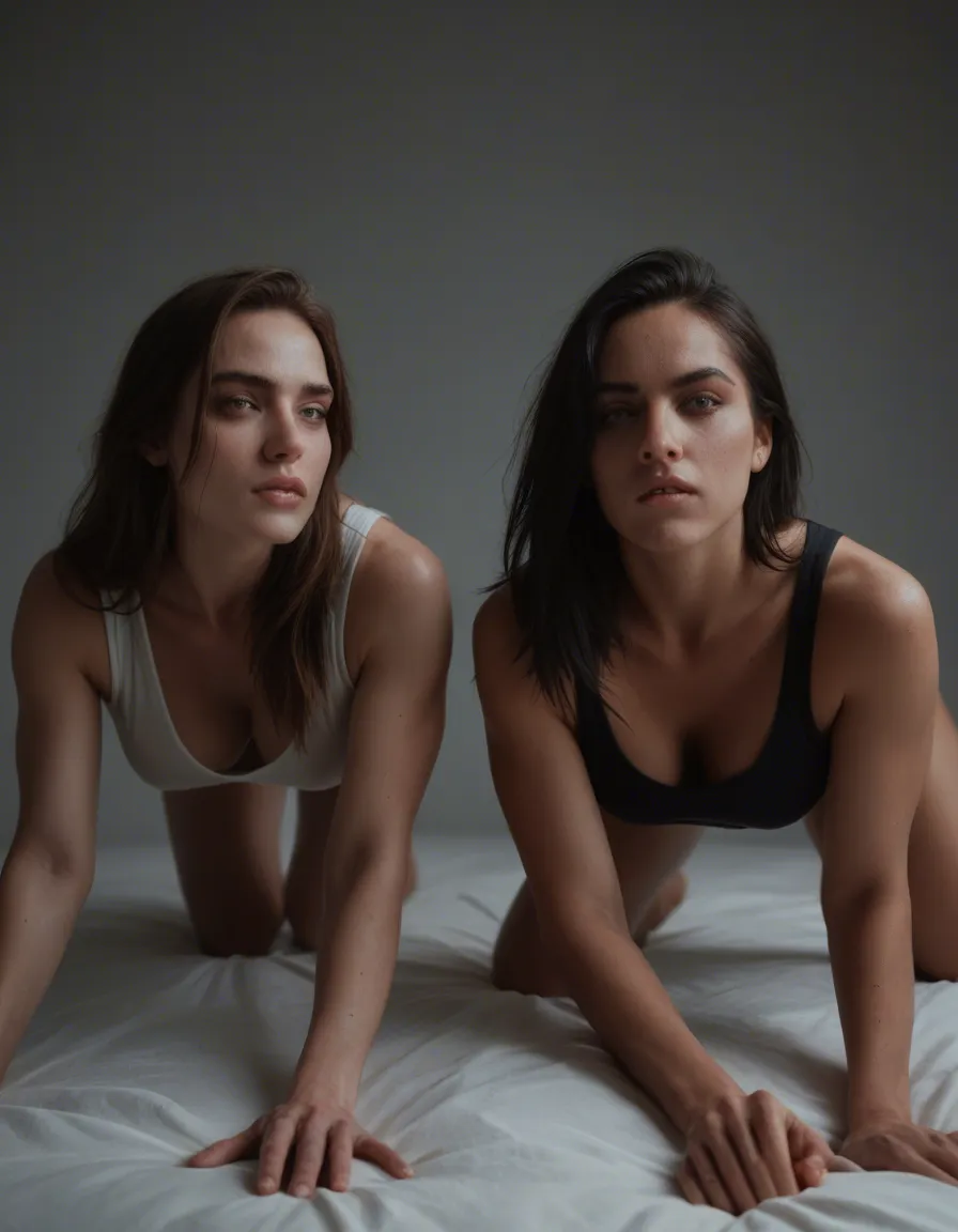 sharp focus, 8k uhd, 2women, sleeveless, on all fours, moonlight, dslr quality, score_9, score_8, candid photo, realistic skin texture, visible skin pores, film grain, depth of field