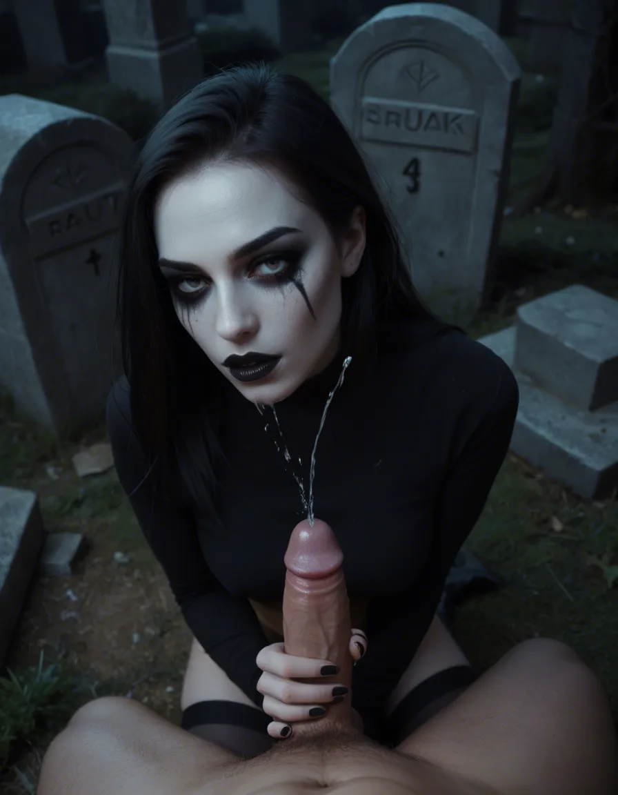 High-angle photorealistic image: a very young woman with {pale skin|dark makeup|a gothic aesthetic} wearing black thigh high stockings sits on a tombstone amidst a night graveyard; she is giving a handjob to a man, the shot captures the liquid motion of a squirting ejaculation hitting her gothic garments, cum_on_clothes, shot from above, hyper-realistic textures, midnight atmosphere., score_9, score_8, candid photo, realistic skin texture, visible skin pores, film grain, depth of field
