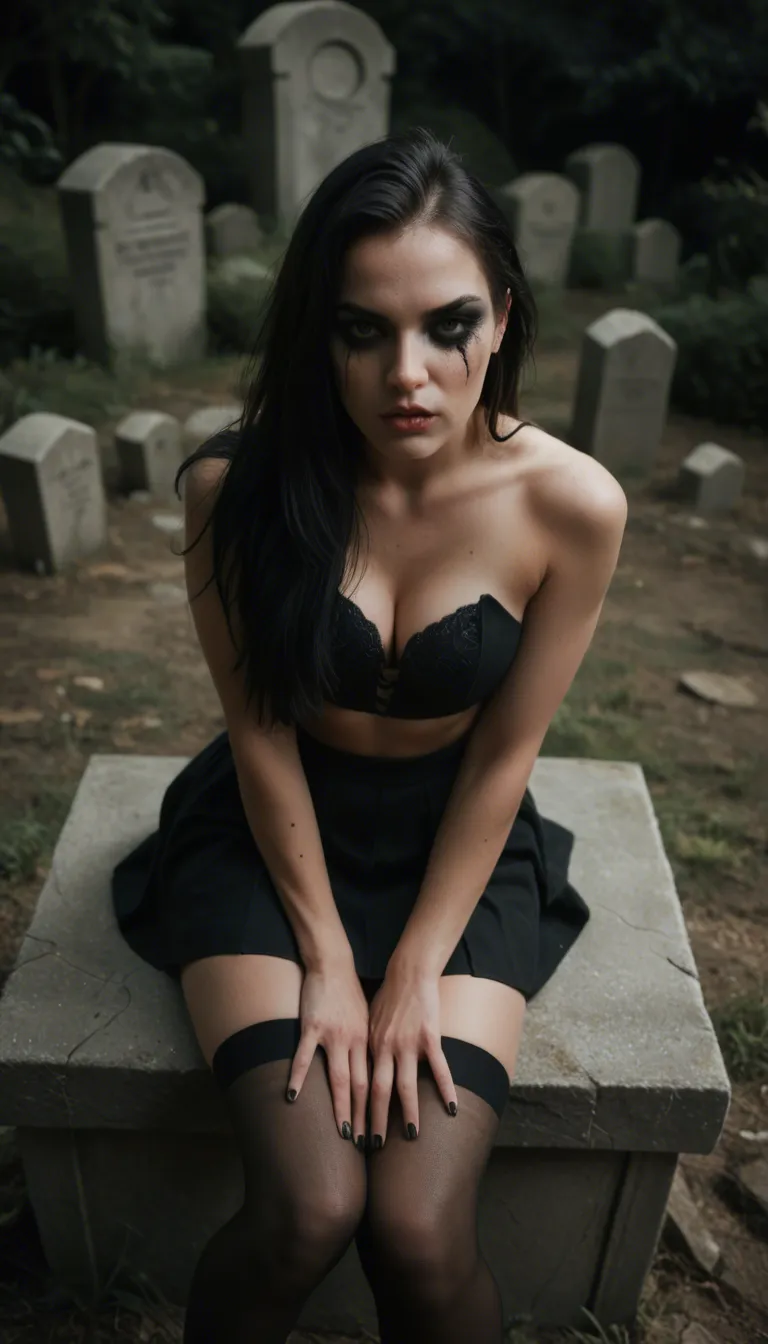 High-angle photorealistic image: a very young woman with {pale skin|dark makeup|a gothic aesthetic} wearing black thigh high stockings sits on a tombstone amidst a night graveyard; she is giving a handjob to a man, the shot captures the liquid motion of a squirting ejaculation hitting her gothic garments, cum_on_clothes, shot from above, hyper-realistic textures, midnight atmosphere.