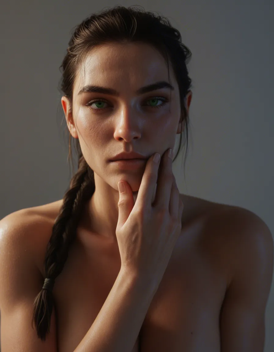beautiful woman(pale white, black_hair, braided_ponytail, green_eyes), deep, cheeks hollowed, detailed face, soft lighting, female_masturbation, score_9, score_8, 3d render, octane render, subsurface scattering, ray tracing, smooth shading