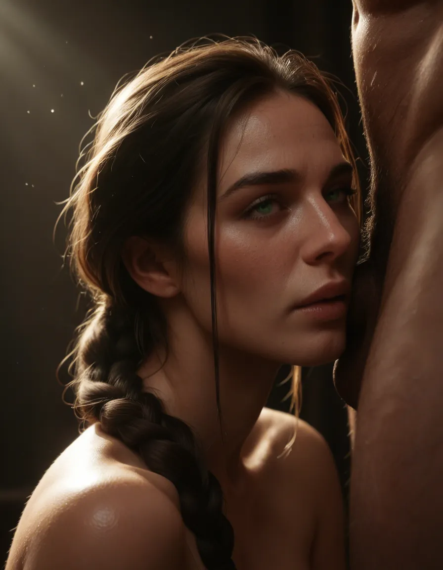 beautiful woman(pale white, black_hair, braided_ponytail, green_eyes), deep, cheeks hollowed, detailed face, soft lighting, sex_from_behind, score_9, score_8, cinematic film still, anamorphic, film grain, dramatic lighting, shallow depth of field