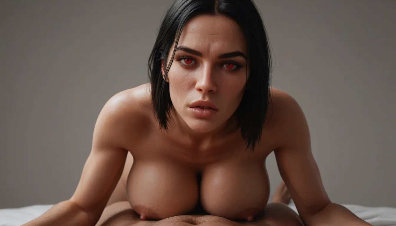 view pov, busty athletic woman huge breasts naked riding cowgirl lean over weak man breasts in face of man, long black hair fringe hairstyle pursed lips almond red eyes, big blue shoulder tattoos red arm tattoos, library