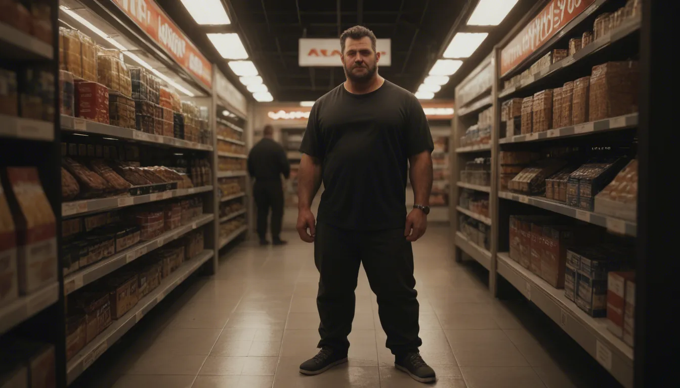Full-body shot, realistic gay porn, a thick fat hairy bear man standing in front of a convenience store at night, pants pulled down, his large thick cock being vigorously sucked by a younger man wearing a baseball cap who is kneeling in front of him, the bear’s hairy belly and chest fully visible, intense oral action, wet shiny cock, saliva dripping, streetlights and store neon signs in the background, cinematic lighting, highly detailed skin and body hair