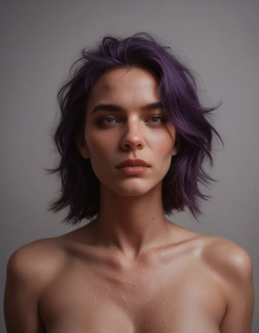 best quality, hyperrealistic, focus, petite, messy_hair, purple_hair, center_opening, 8k uhd photo,score_9, score_8, candid photo, realistic skin texture, visible skin pores, film grain, depth of field,, score_9, score_8, candid photo, realistic skin texture, visible skin pores, film grain, depth of field