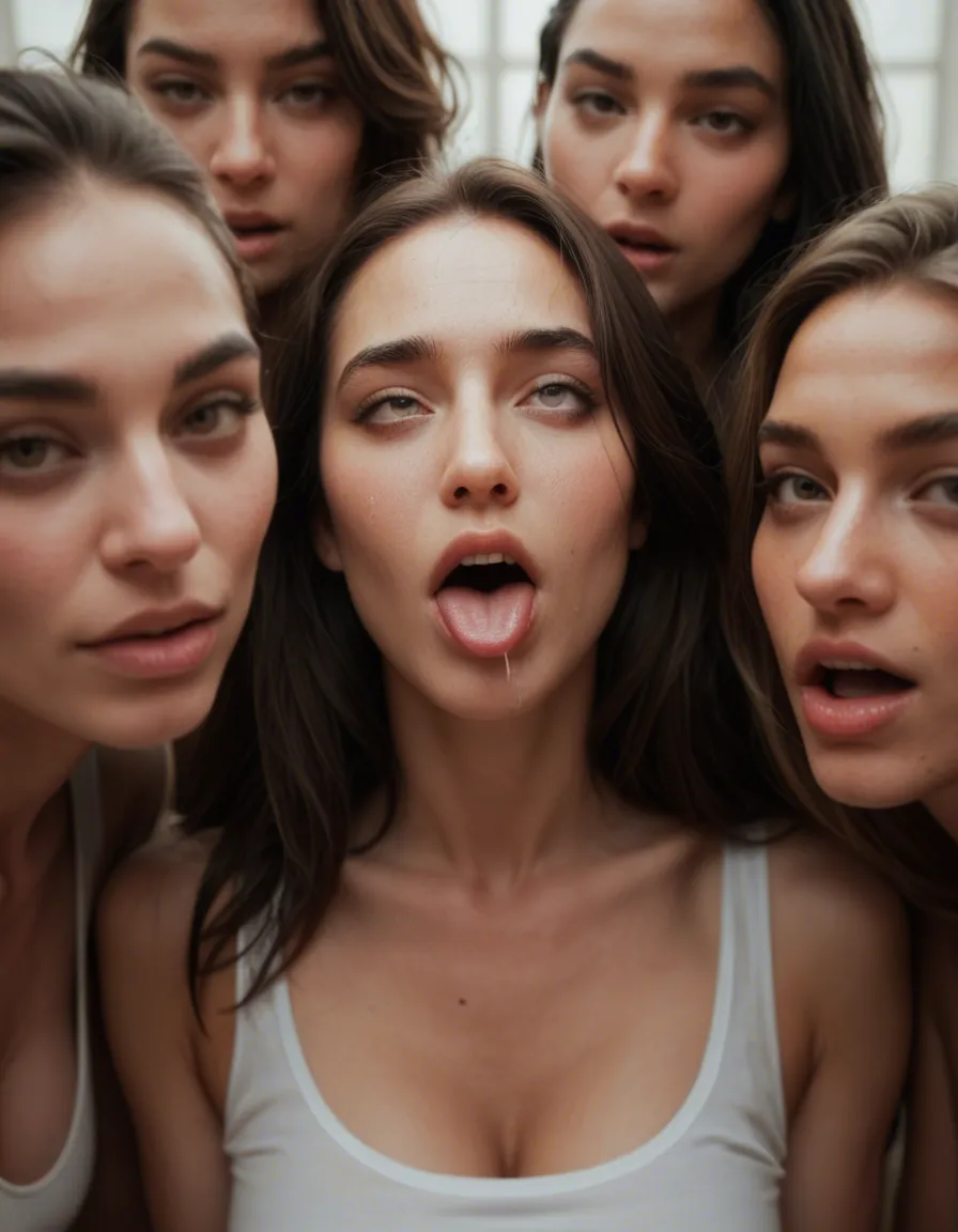 ultra HD, lifelike, 6+women, parted bangs, socks, ahegao, dslr quality, score_9, score_8, candid photo, realistic skin texture, visible skin pores, film grain, depth of field