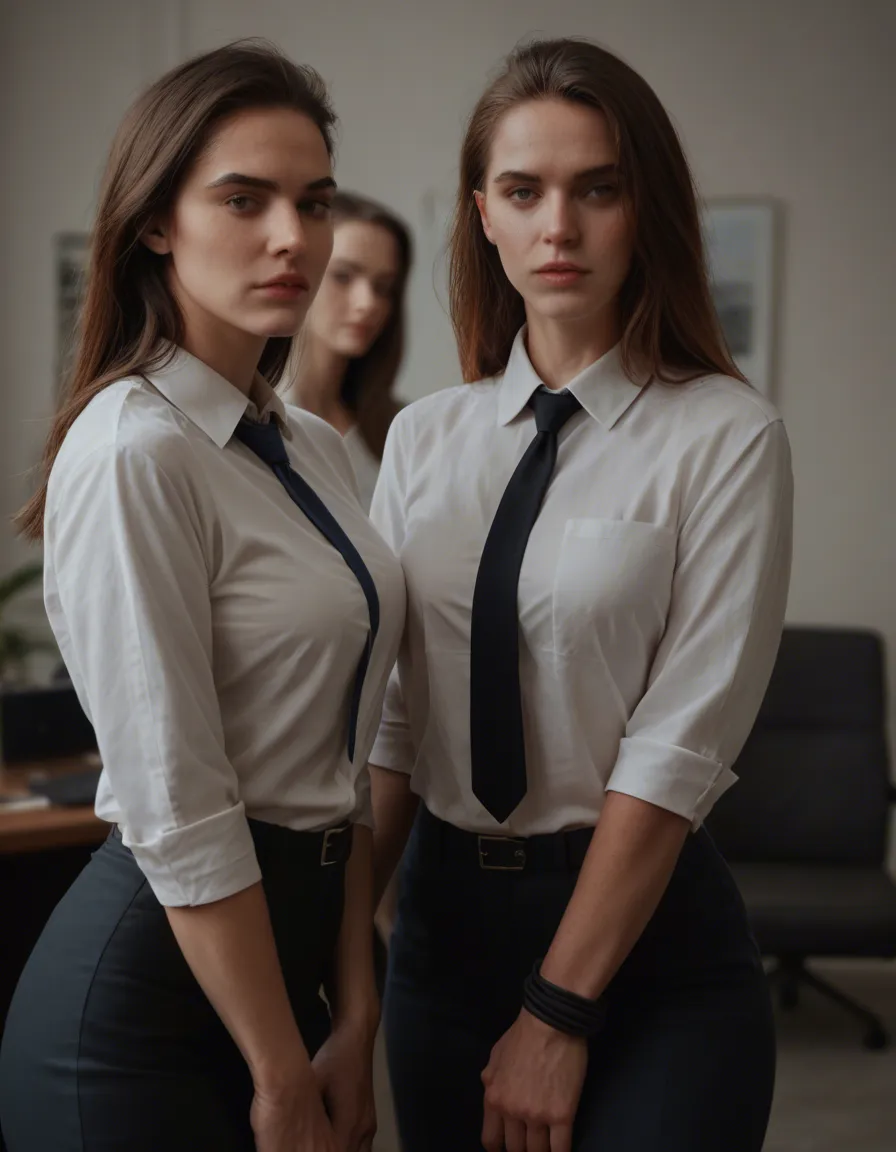best quality, hyperrealistic, 3women, office wear, bondage, photorealistic, score_9, score_8, candid photo, realistic skin texture, visible skin pores, film grain, depth of field