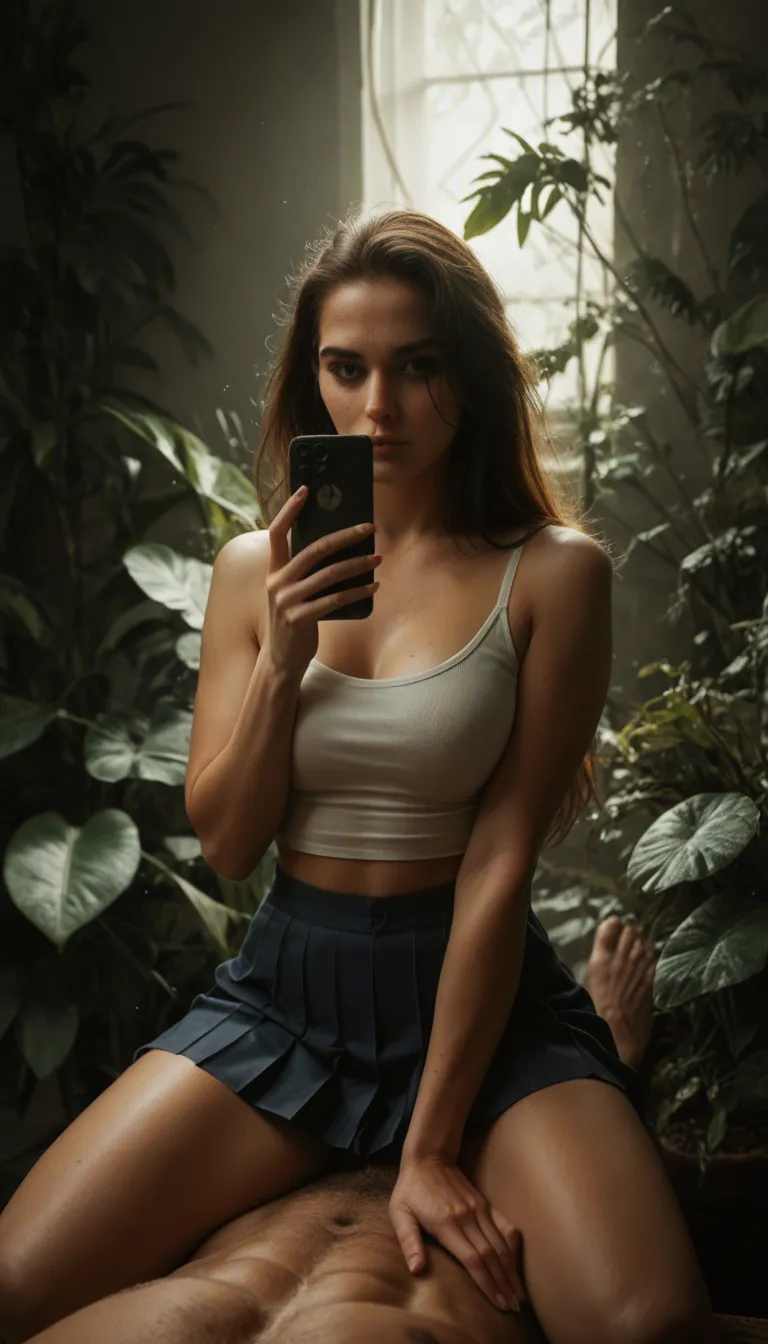 authentic lighting, clear, princess, wide hips, pleated skirt, reverse cowgirl, plant, casual photo