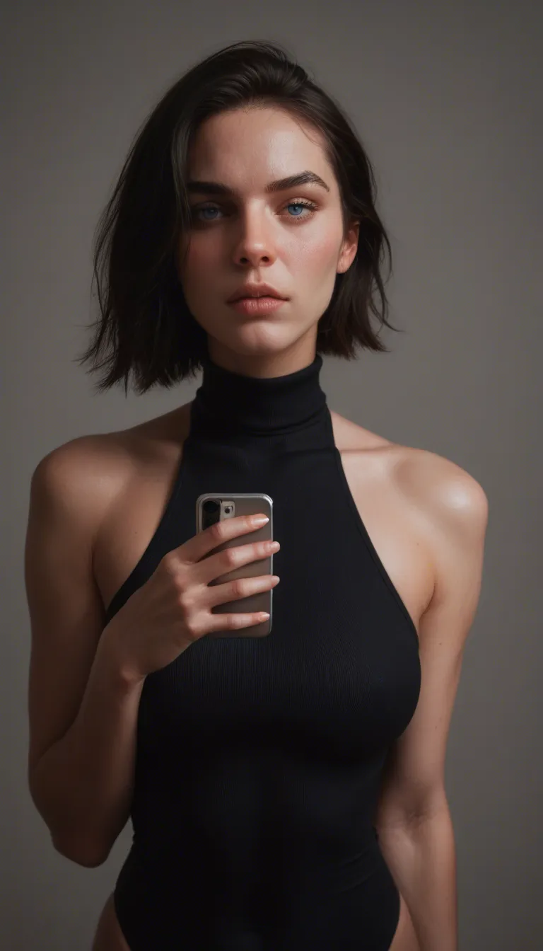 Extremely seductive photorealistic portrait of a gorgeous white woman with short black bob hair, captivating blue eyes, flushed cheeks, wearing a skin-tight black turtleneck that barely contains her massive breasts, deep plunging neckline, hard nipples visible through the fabric, chain necklace resting on her cleavage, hourglass body with tiny waist and thick ass, legs slightly apart, biting her lower lip, bedroom eyes, soft indoor lighting, hyper-realistic, highly detailed, erotic atmosphere