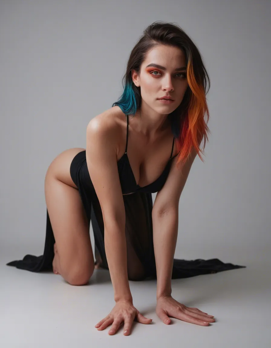 ultra HD, lifelike, succubus, multicolored hair, evening gown, on all fours, lifelike render, score_9, score_8, candid photo, realistic skin texture, visible skin pores, film grain, depth of field