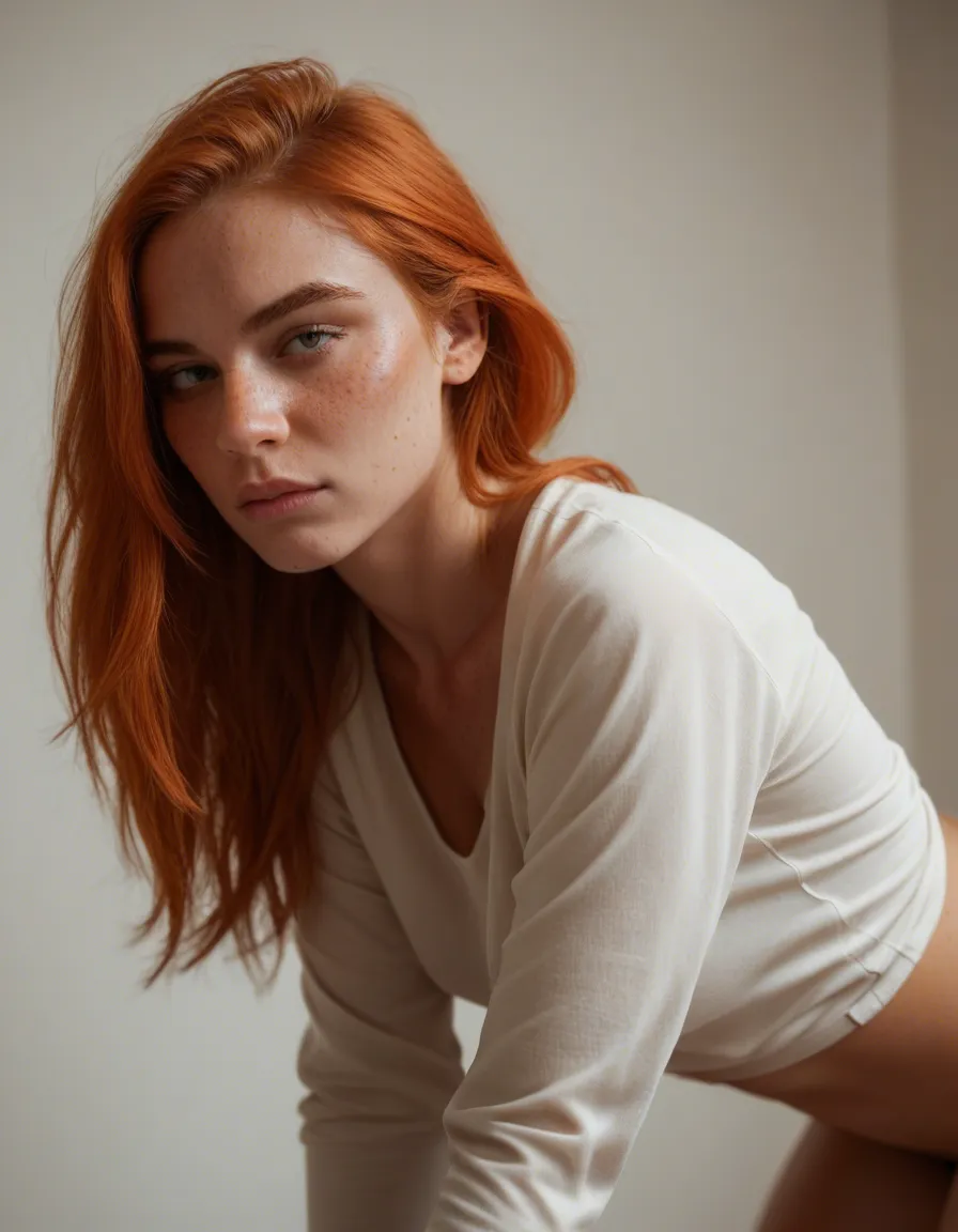8k, sharp focus, freckled skin, solo female, ginger hair, long sleeves, bent over, rim light, RAW photo, score_9, score_8, candid photo, realistic skin texture, visible skin pores, film grain, depth of field