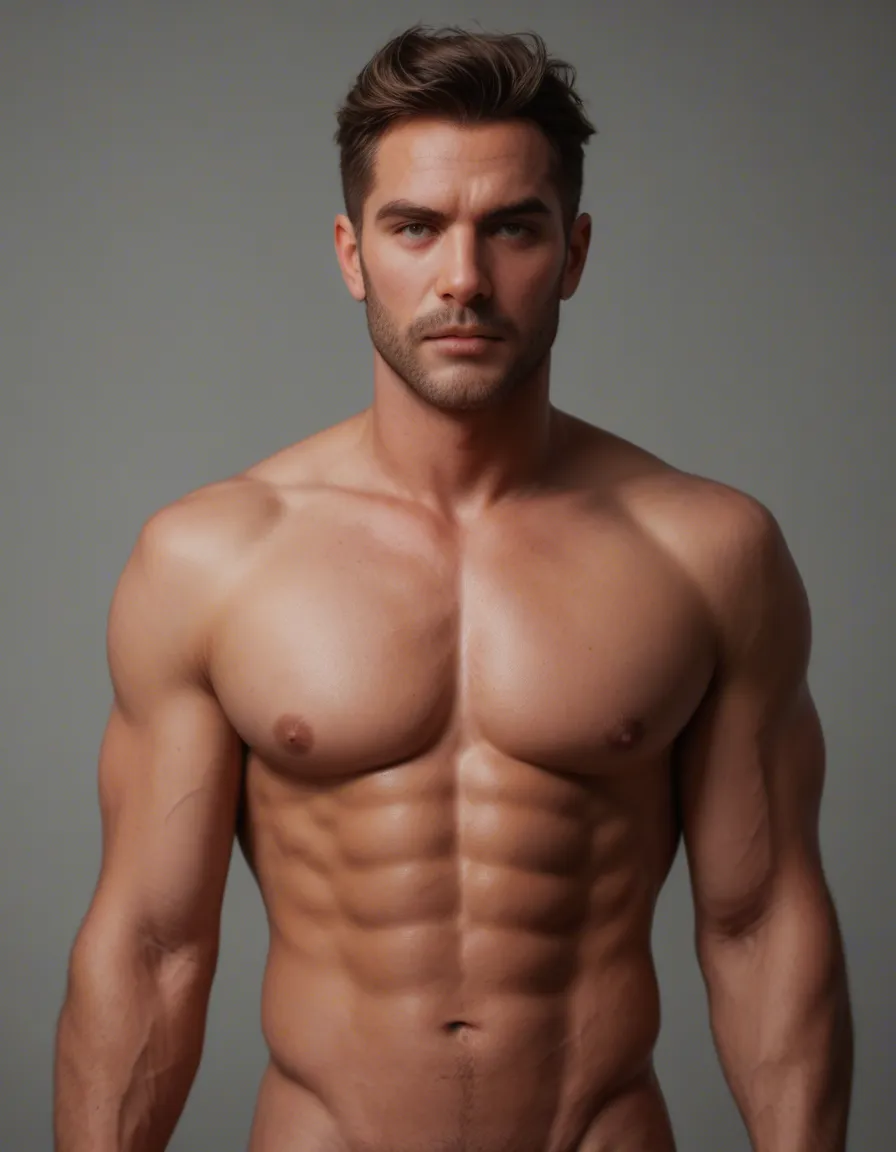 Fit men nude, score_9, score_8, candid photo, realistic skin texture, visible skin pores, film grain, depth of field