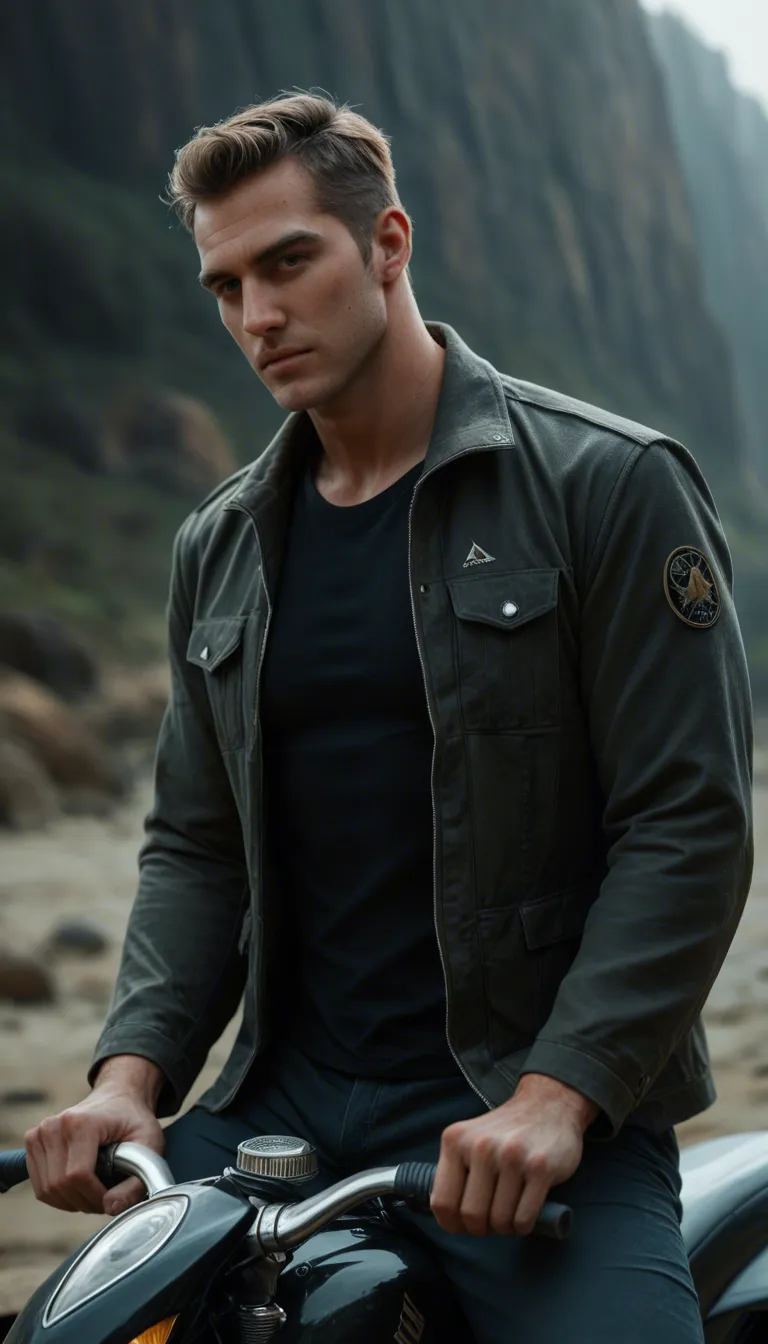 ultra HD, lifelike, solo focus, muscular male, jacket, hip sway, riding, close-up, volumetric light, cinematic realism