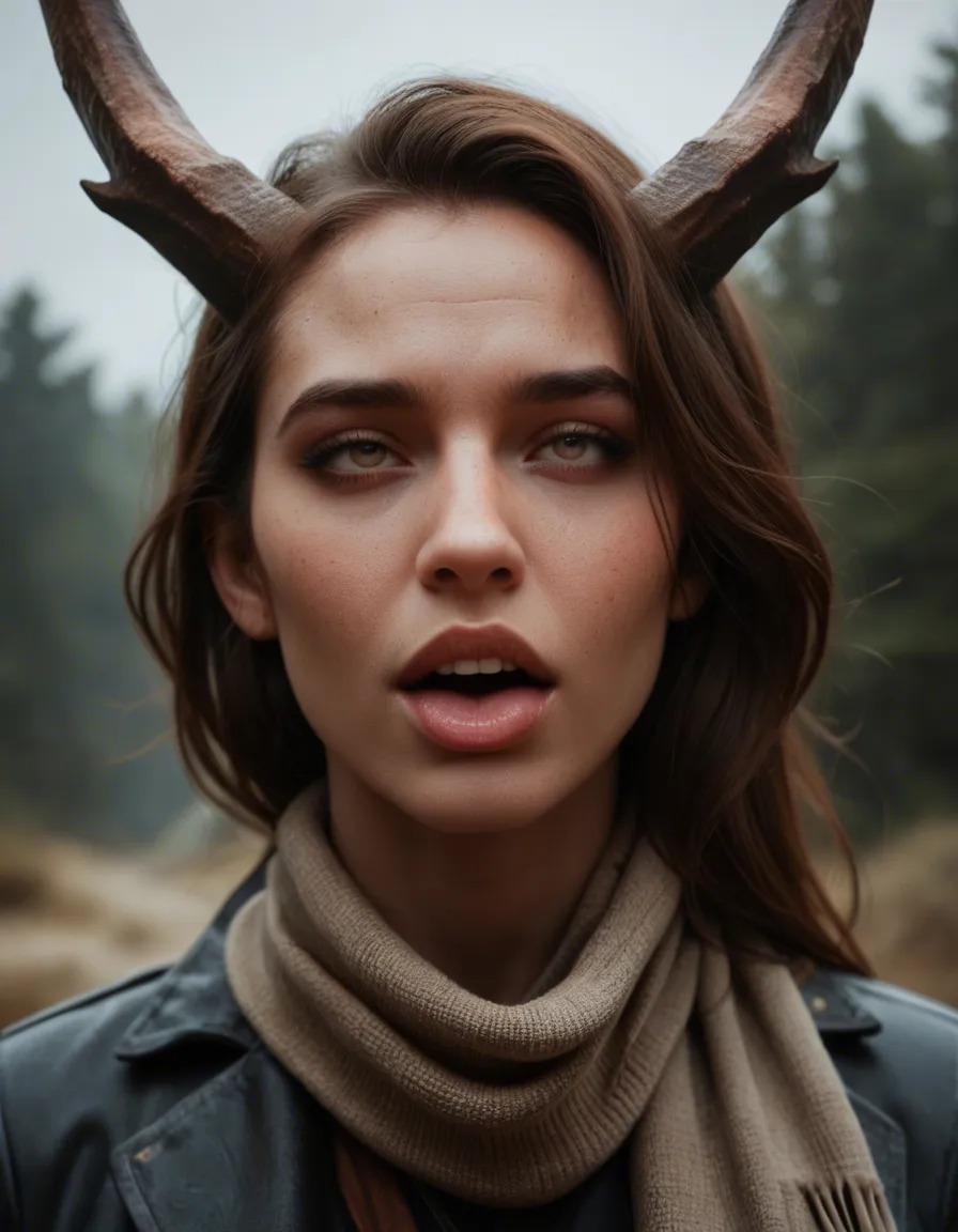 sharp focus, 8k uhd, bunny woman, scarf, horns, ahegao, wide shot, cinematic realism, score_9, score_8, candid photo, realistic skin texture, visible skin pores, film grain, depth of field