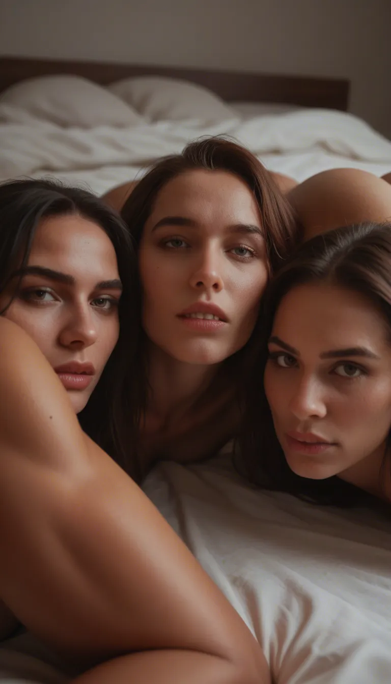 studio quality, sharp focus, extreme close-up, 4women, kneeling on bed, colored skin, bed sheet, playful expression, studio photo