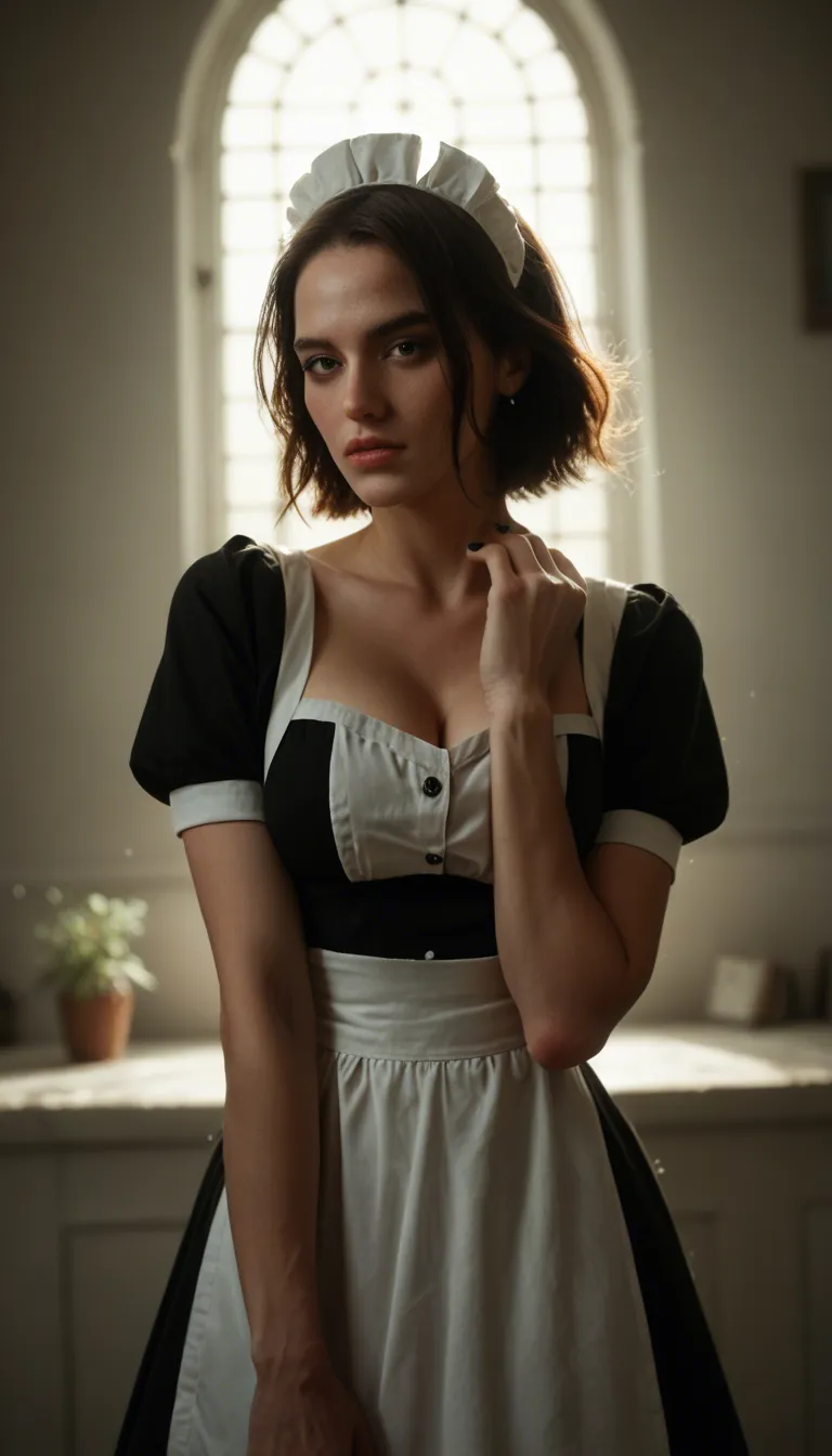 highly detailed, natural lighting, dutch angle, maid, teasing, nail polish, day, studio photo