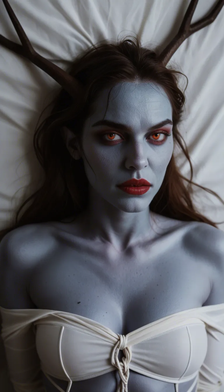 dslr, film grain, photorealistic, portrait, succubus, bondage, colored skin, bed sheet, RAW photo