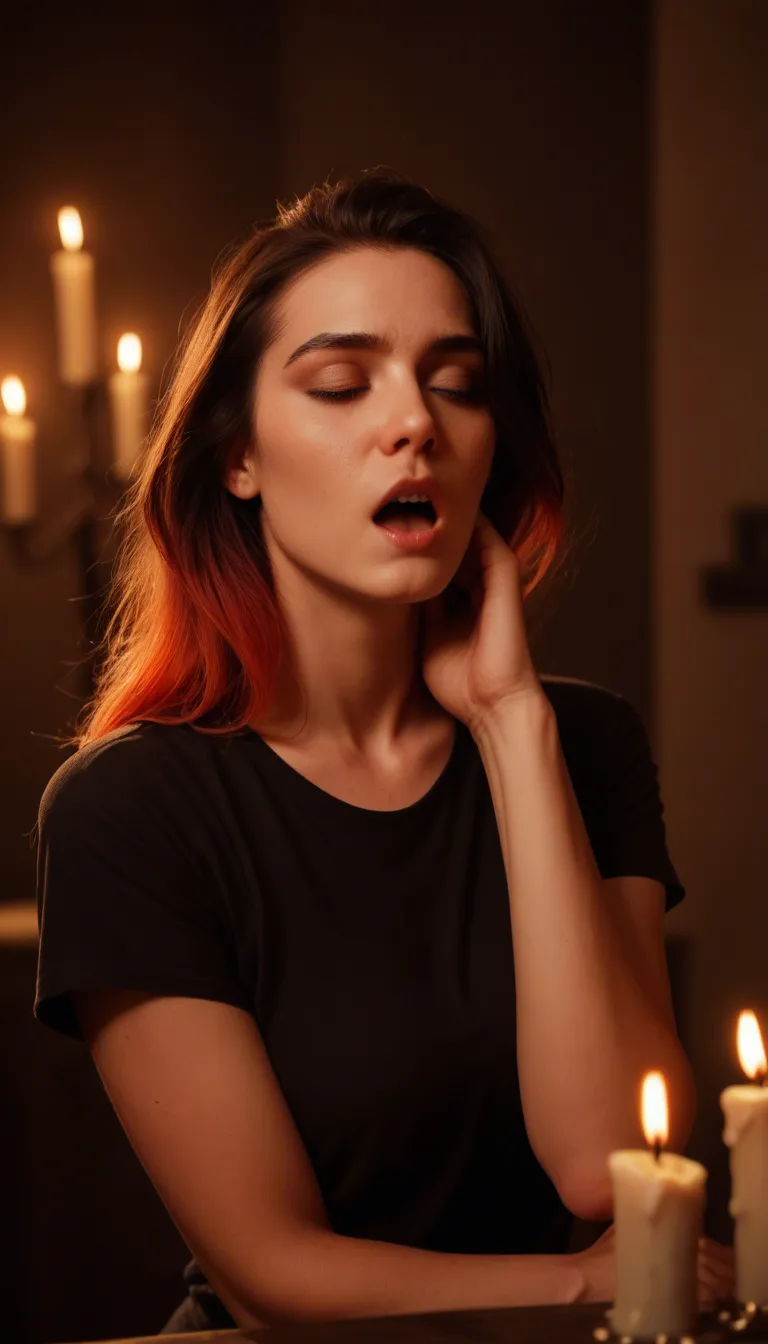 RAW photo, ultra realistic, succubus, gradient hair, short sleeves, moaning, candlelight, lifelike render