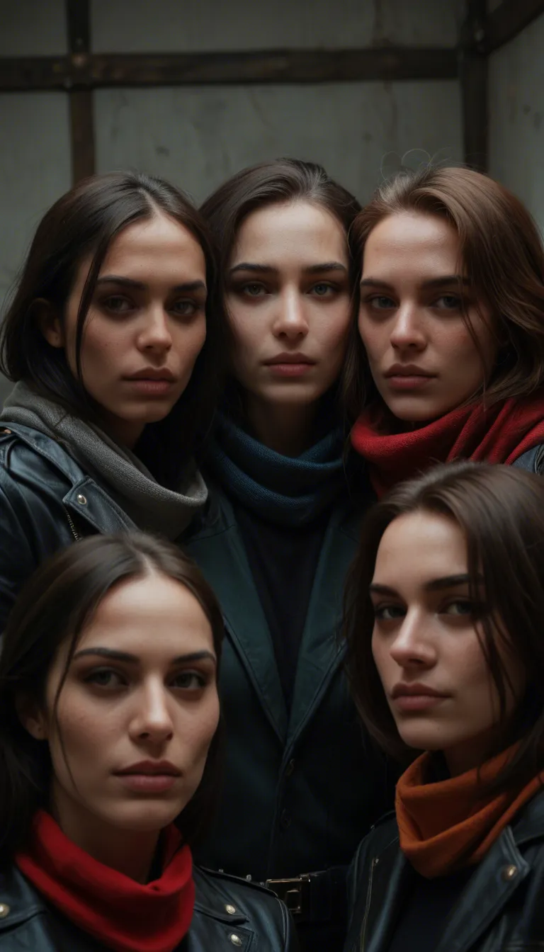RAW photo, ultra realistic, extreme close-up, 5girls, bondage, scarf, indoors, 8k uhd photo
